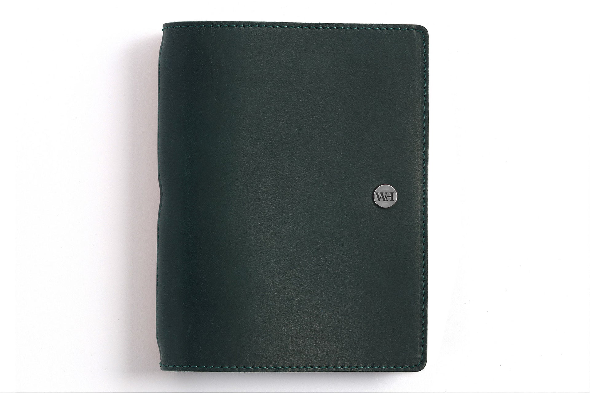 William Hannah dark green leather and blue suede A6 notebook: front cover