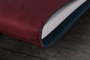 William Hannah bordeaux leather and blue suede A6 notebook: spine detail