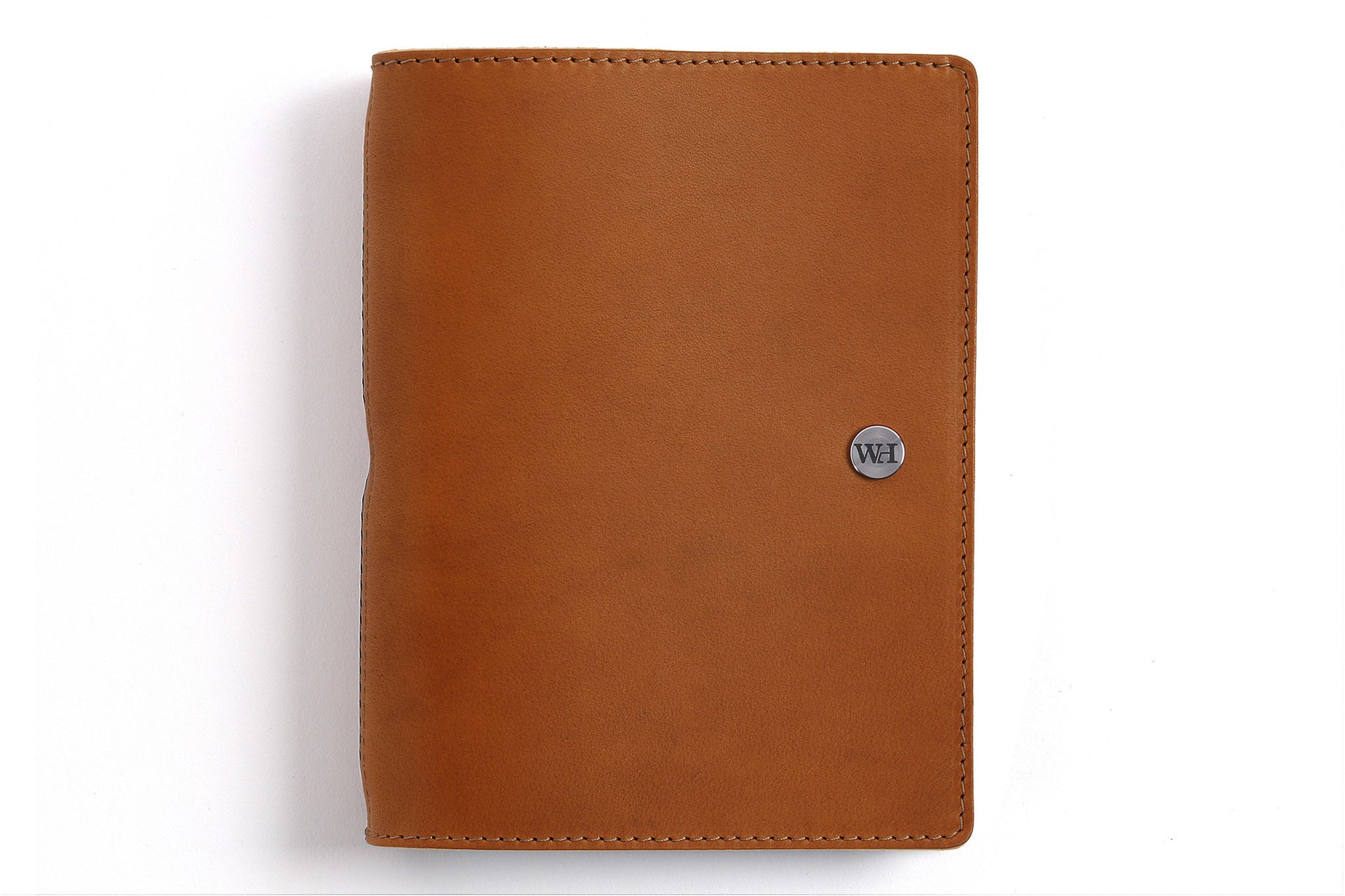 William Hannah tan leather and light blue suede A6 notebook: front cover