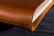 William Hannah Tan leather and Orange suede A5 notebook: spine detail