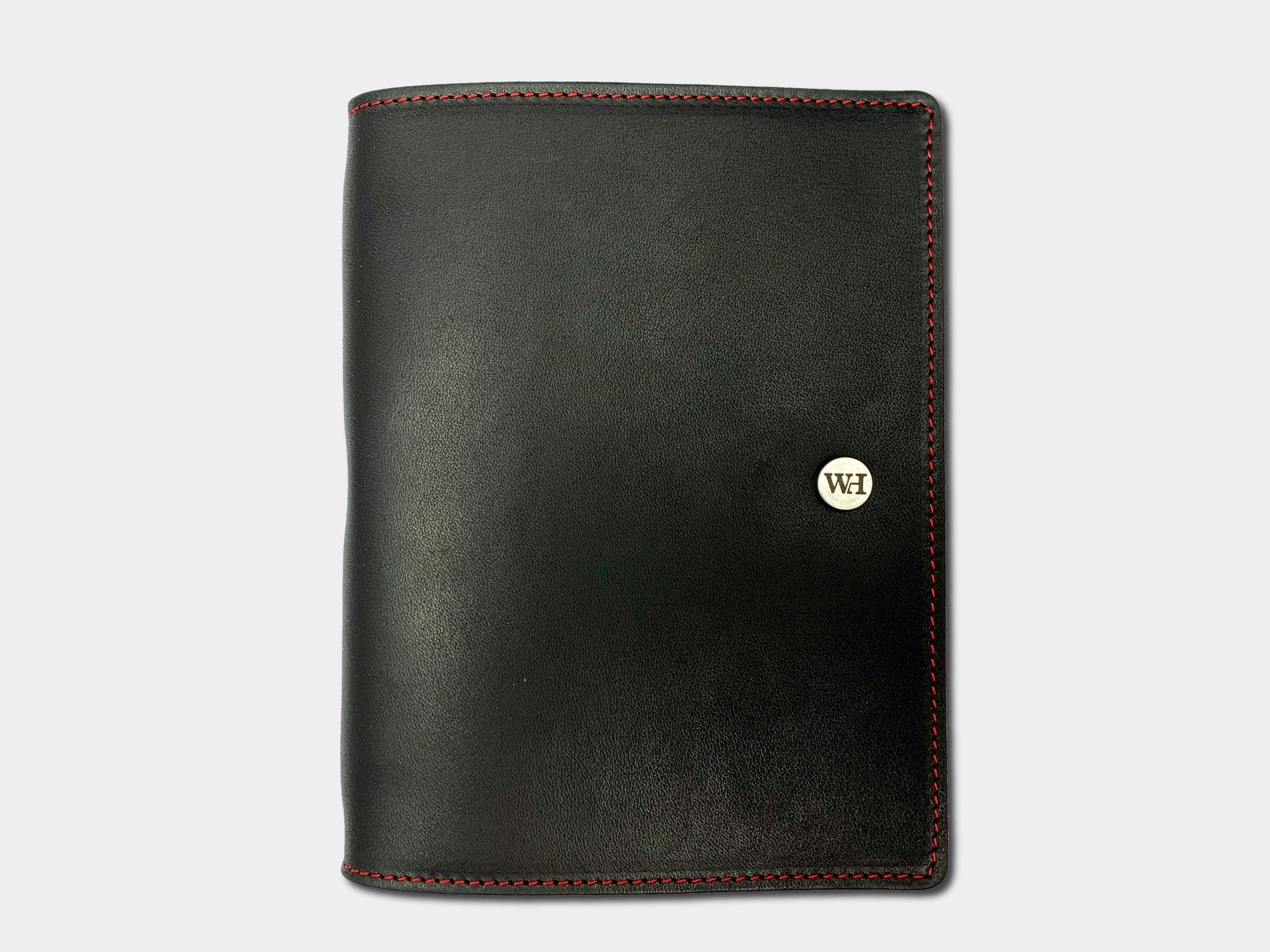 William Hannah black leather and red suede A6 notebook: front cover