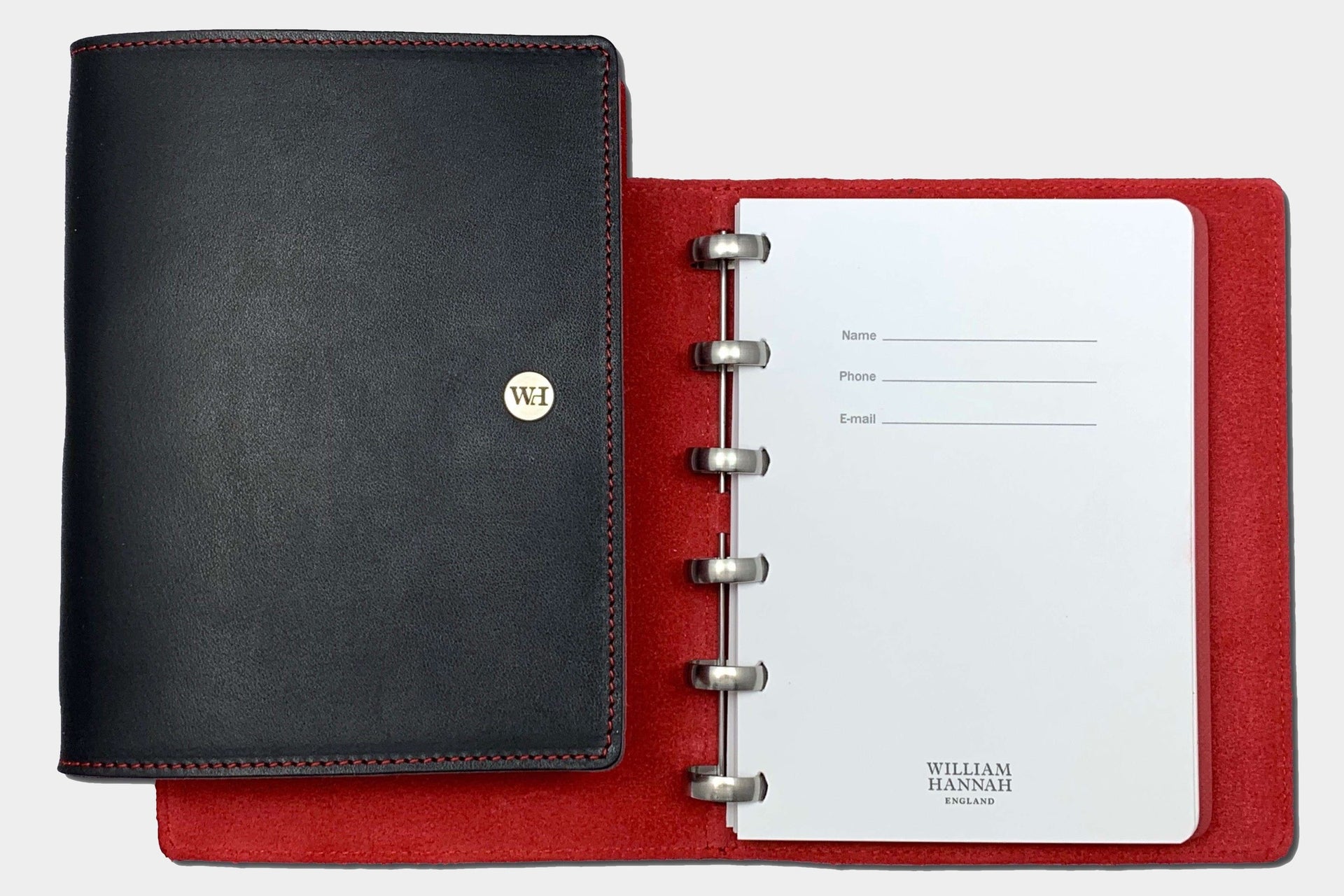 William Hannah black leather and red suede A6 notebook