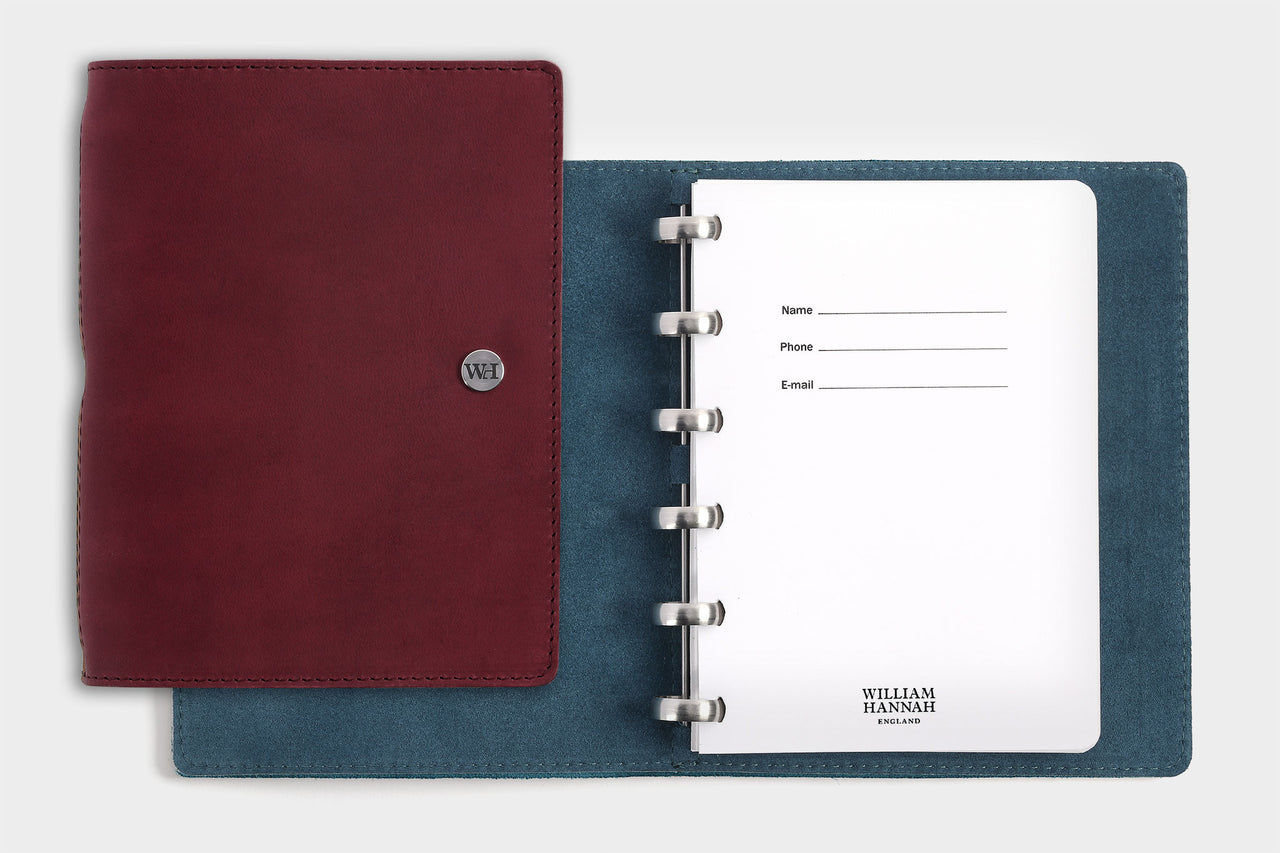 William Hannah bordeaux leather and blue suede A6 notebook