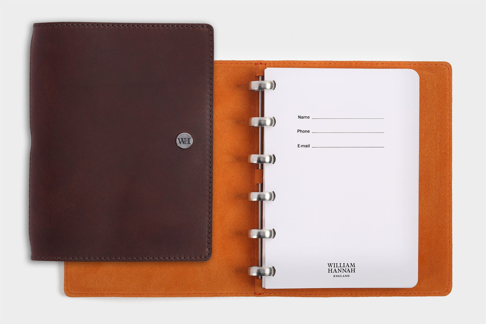 William Hannah dark brown leather and orange suede A6 notebook