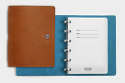 William Hannah tan leather and light blue suede A6 notebook