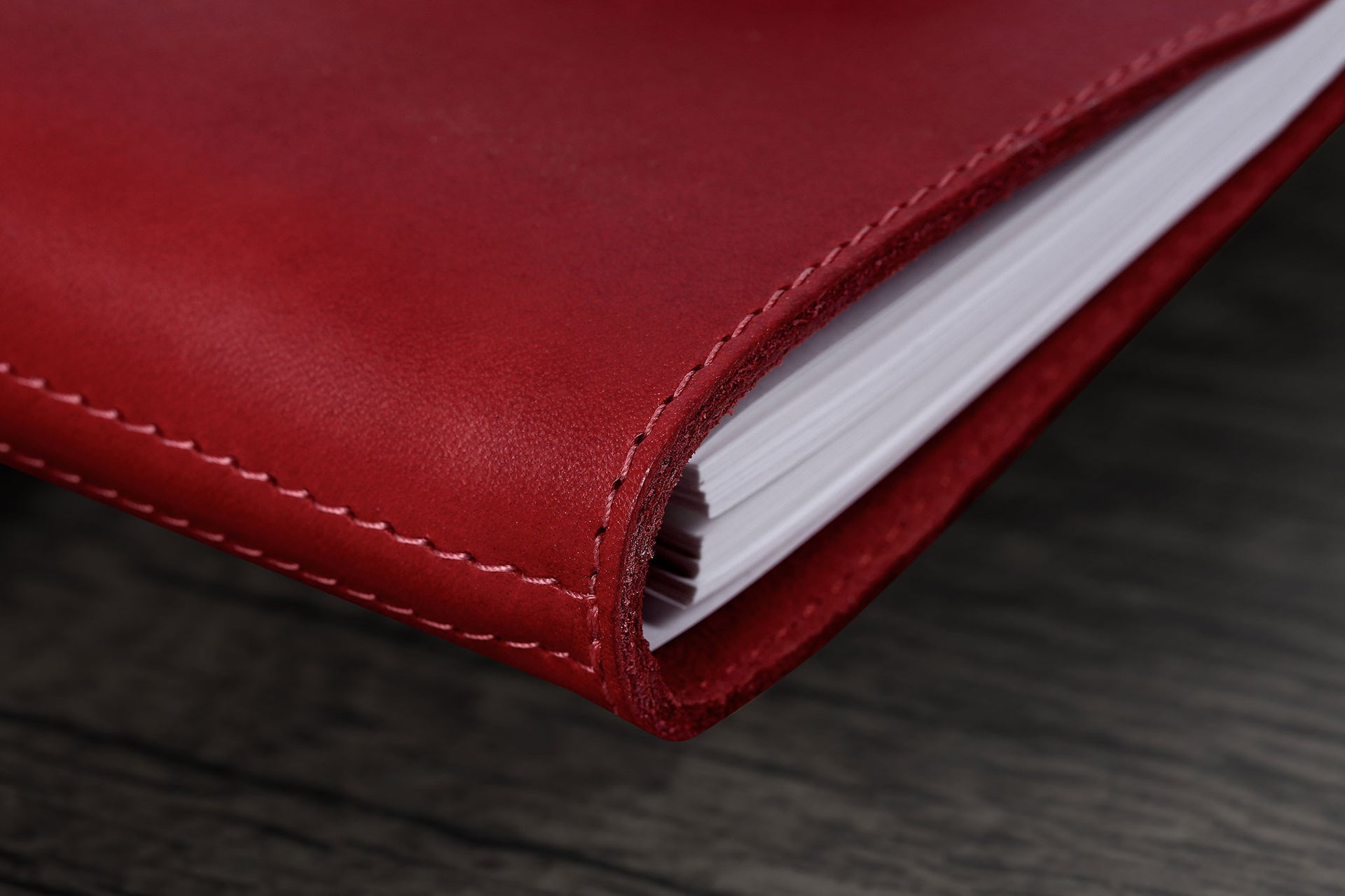 William Hannah red leather and red suede A6 notebook: spine detail