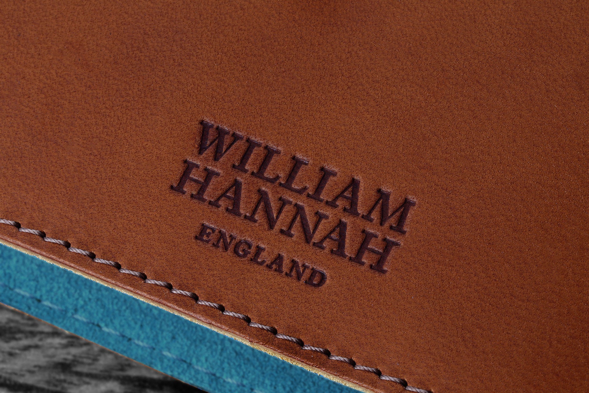William Hannah tan leather and light blue suede A6 notebook: cover logo