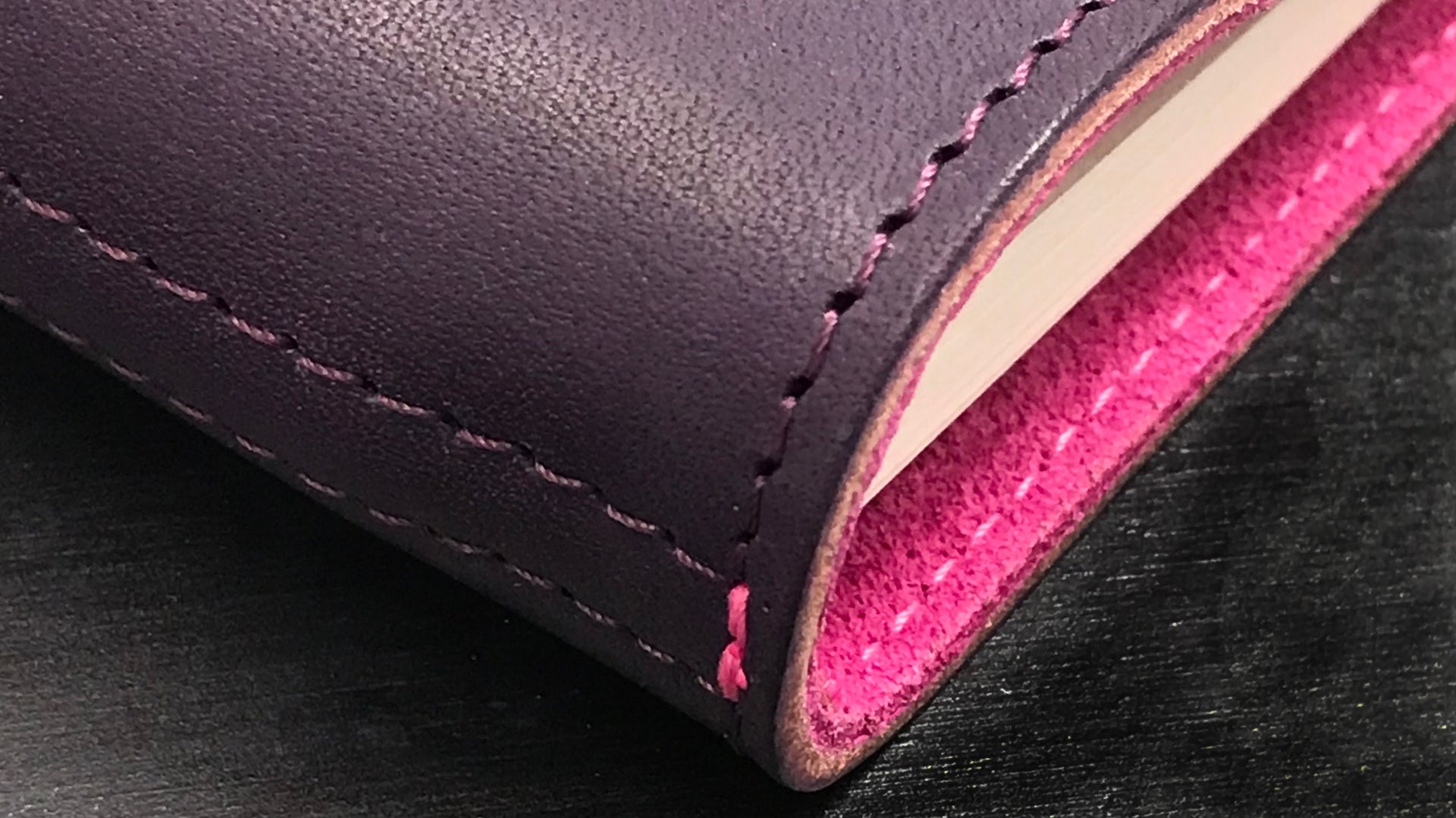 William Hannah Purple leather and Pink suede A5 notebook: spine detail