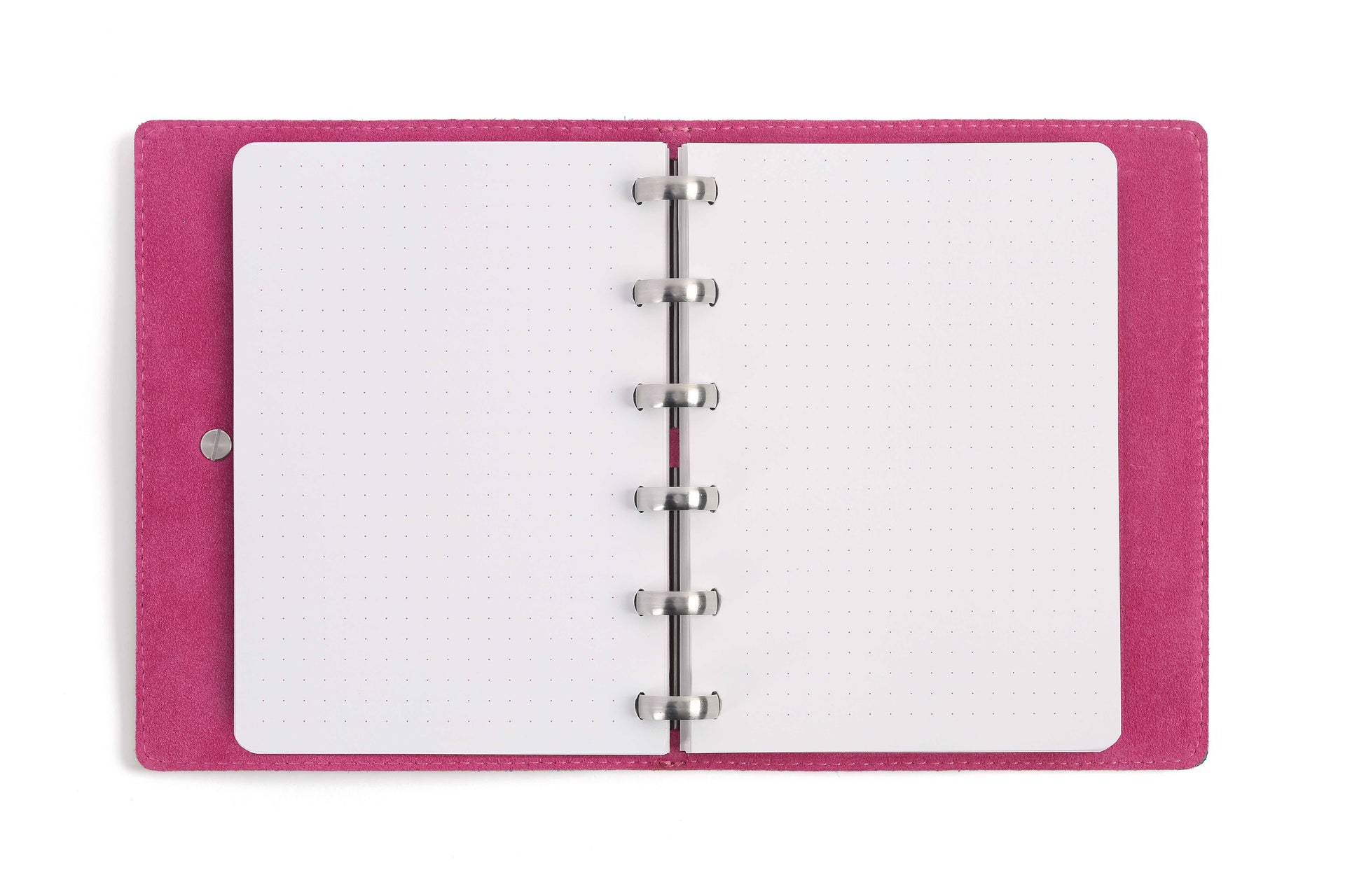 William Hannah dark brown textured leather and pink suede A6 notebook: open