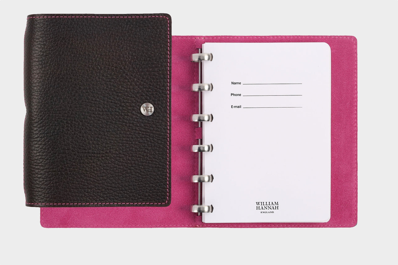 William Hannah dark brown textured leather and pink suede A6 notebook