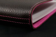 William Hannah dark brown textured leather and pink suede A6 notebook: spine detail