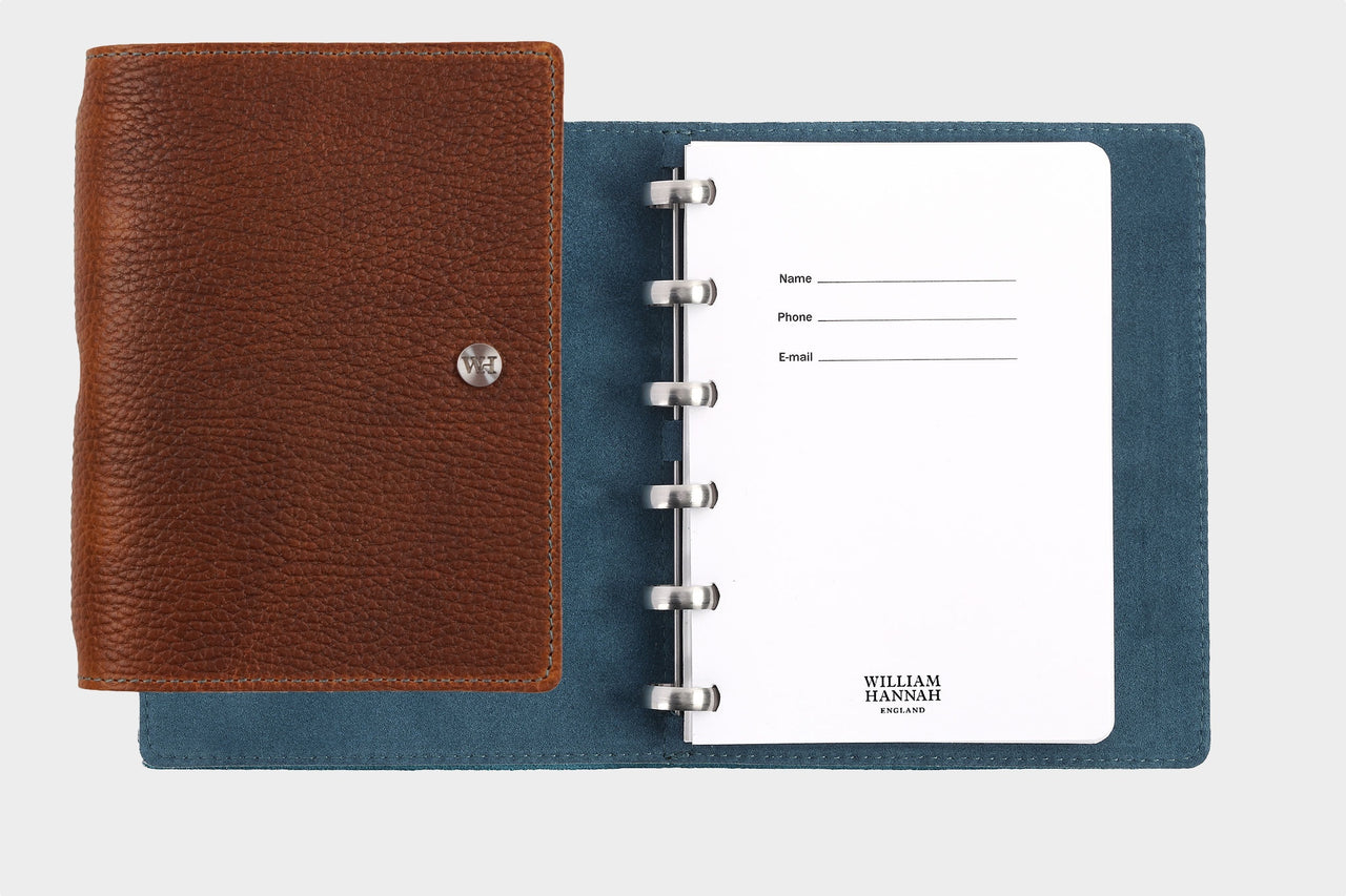 William Hannah textured tan leather and blue suede A6 notebook